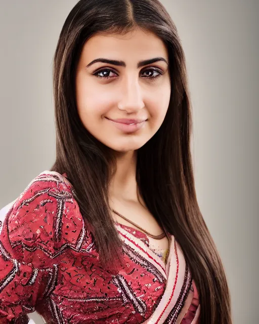 Image similar to a highly realistic, true to life portrait of a beautiful young middle eastern girl, with a symmetrical face, sharp focus, from the waist up, with sharp features, a beautiful face, soft smile, under studio lighting, taken with a canon eos camera with 1 3 5 mm focal length