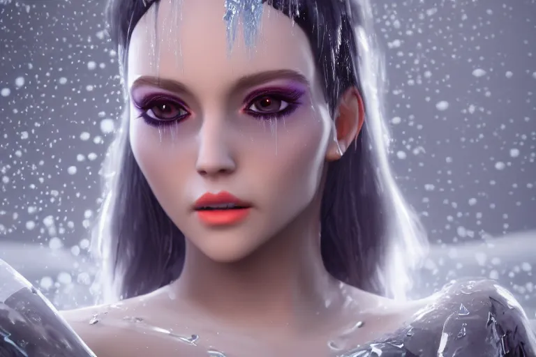 Image similar to HD render of Malevolent Ice Queen with ice droplets on forehead in the style of Artstation, Unreal Engine, photorealistic, reflective