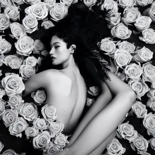 Image similar to a fashion photo of a beautiful model, a bed of roses, by ted gibson, jen atkin, tom eerebout, elizabeth saltzman, peter lindbergh, tim walker, symmetry, full face, studio lighting, dlsr,