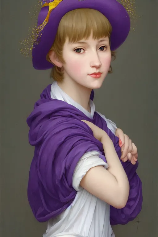 Image similar to Full View girl with short blond hair wearing an oversized purple Beret, Baggy Purple overall shorts, Short Puffy pants made of silk, silk shoes, a big billowy scarf, Golden Ribbon, and white leggings Covered in stars. Short Hair. masterpiece 4k digital illustration by Ruan Jia and Mandy Jurgens and Artgerm and william-adolphe bouguereau, award winning, Artstation, art nouveau aesthetic, Alphonse Mucha background, intricate details, realistic, panoramic view, Hyperdetailed, 8k resolution, intricate art nouveau