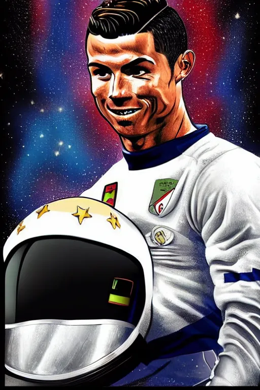 Image similar to portrait of cristiano ronaldo with astronaut armor and helmet, majestic, solemn, american comic style