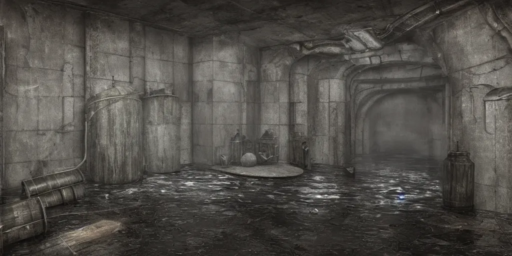 Image similar to echo chamber room, dark art fantasy, 3d render, super detailed, puddle of water, barrels, foggy