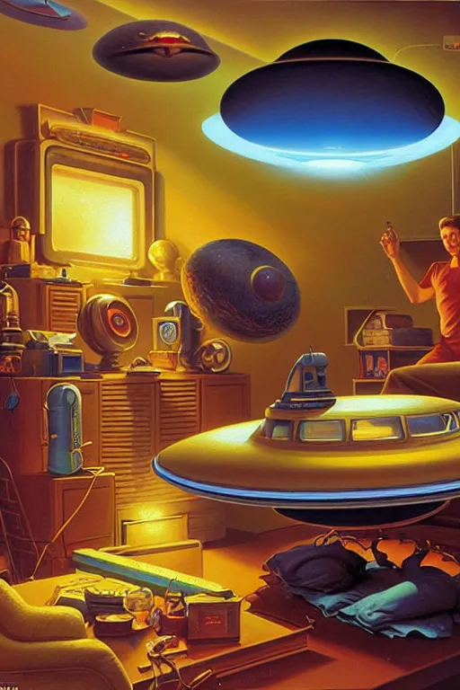Prompt: classic oil painting, a flying saucer ufo spacecraft, inside a cluttered bedroom, highly detailed, digital illustration, concept art, smooth, sharp focus, art by tim hildebrandt, and greg hildebrandt