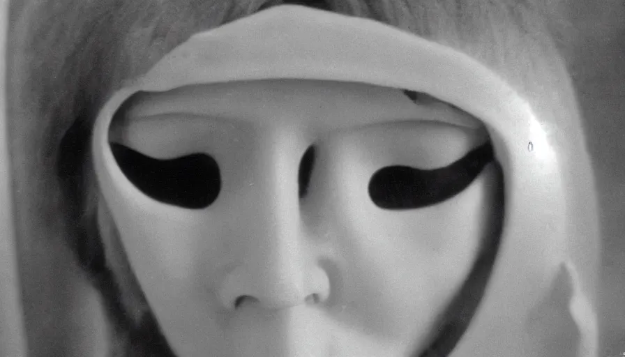 Prompt: 70s movie still close-up portrait of a white female japanese phantom with a taxidermic mask and flesh dress in a liminal space style tunnel, early black and white 8mm, heavy grain, low quality,