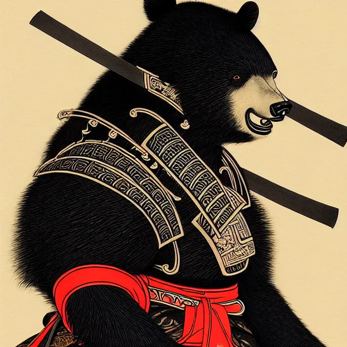 Image similar to anthropomorphic samurai asian black bear, fantasy, intricate, highly detailed, lifelike, photorealistic, digital painting, artstation, illustration, concept art, smooth, sharp focus, art by kitagawa utamaro and ogata korin and aya takano