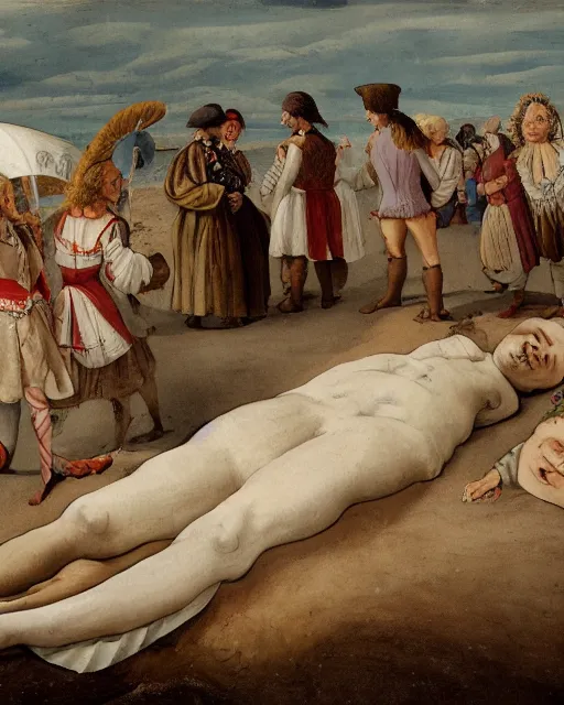 Prompt: the gigantic clothed body of gulliver, a young man from the early 1 7 th century, lies unconscious on a lilliputian beach, surrounded by thousands of tiny lilliputians wearing strange clothes. gulliver is dressed in early 1 7 th century male clothing designed in the style of sandy powell. hyperreal and cinematic, photorealistic, gulliver ’ s travels