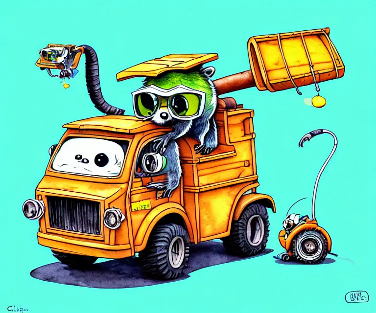 Image similar to cute and funny, racoon wearing goggles driving a tiny garbage truck, ratfink style by ed roth, centered award winning watercolor pen illustration, isometric illustration by chihiro iwasaki, edited by craola, tiny details by artgerm and watercolor girl, symmetrically isometrically centered