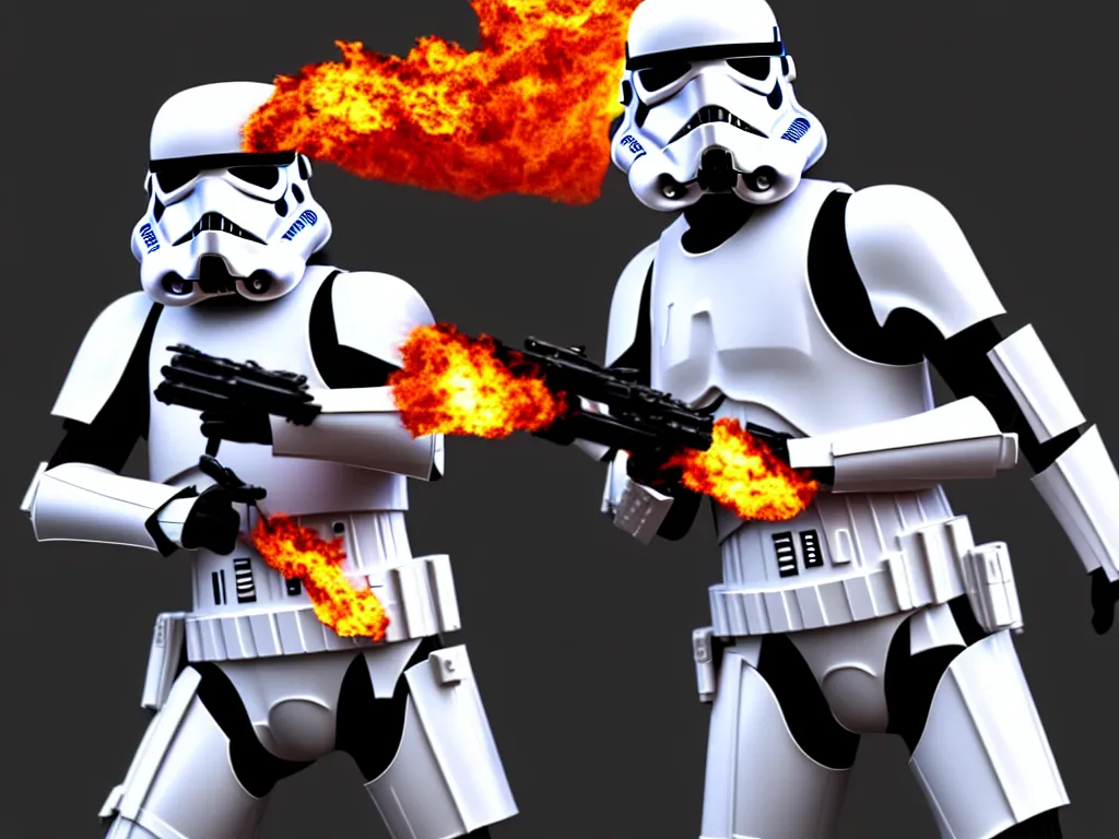 Image similar to storm trooper in a battle, smoke, fire, explosions, chrome, shiny, reflective, metallic, 3 d render, realistic, hdr, stan winston studios, dramatic lighting, flame colors bright,