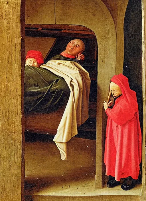 Image similar to Unconscious 10 years old boy dressed in some rags curled up into a ball, he clung to the side of the wagon, medieval painting by Jan van Eyck, Florence