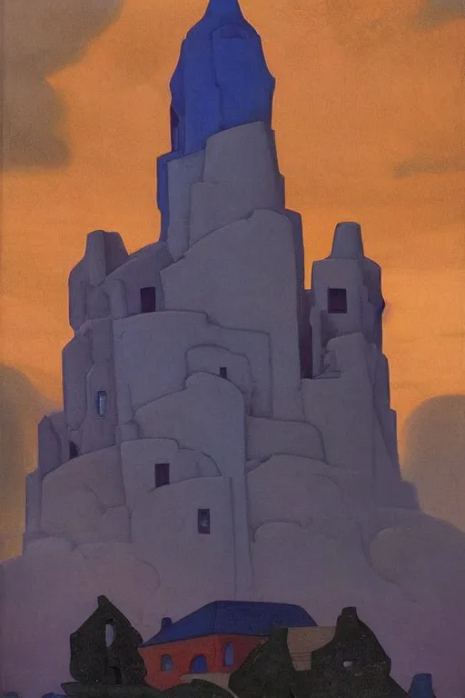 Prompt: view of the mysterious blue tower in its gardens after a storm, tall windows lit up, beautiful ornamental architecture, dramatic cinematic lighting, rich colors, by Nicholas Roerich and William Dyce and April Gornik and Sylvain Sarrailh