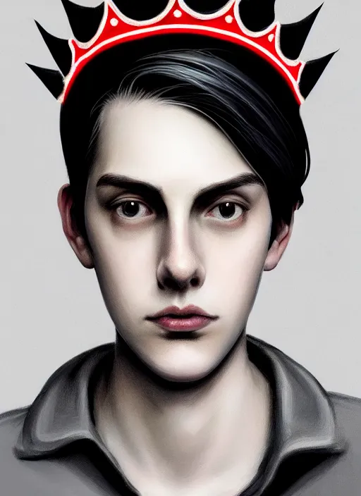 Image similar to portrait of teenage jughead jones wearing a light grey crown, photorealistic, crown, crown with red and white pin badge, crown with pins, eyes closed, crown, black hair, intricate, elegant, highly detailed, digital painting, glowing lights, artstation, concept art, smooth, sharp focus, illustration, art by wlop, mars ravelo and greg rutkowski