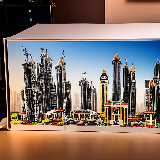 Image similar to detailed lego build of dubai on garage table, professional photo, professional lighting, HDR