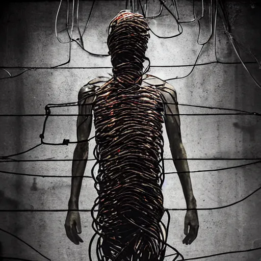 Image similar to a human figure wrapped in electrical wiring in a dirty abandoned industrial wasteland, moody, atmospheric, cinematic