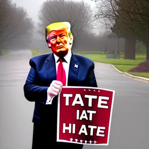 Image similar to a photo of Donald Trump holding a sign that says 'I hate signs !', cinematic