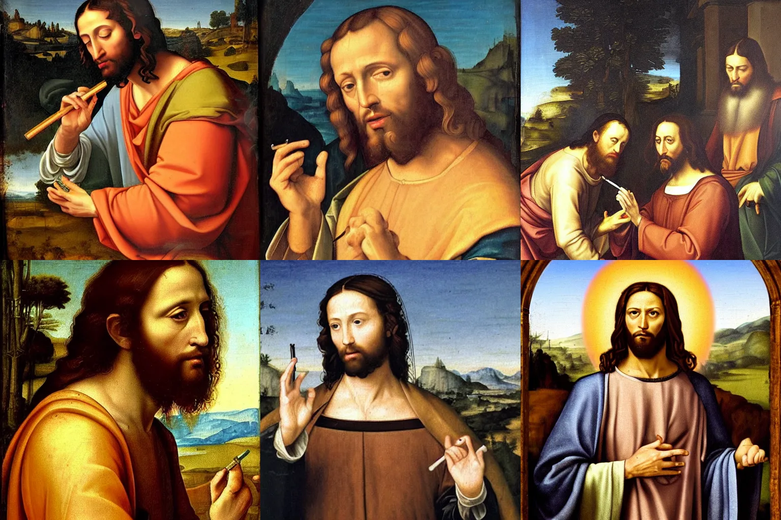 Prompt: A Renaissance portrait painting of Jesus smoking weed, parody