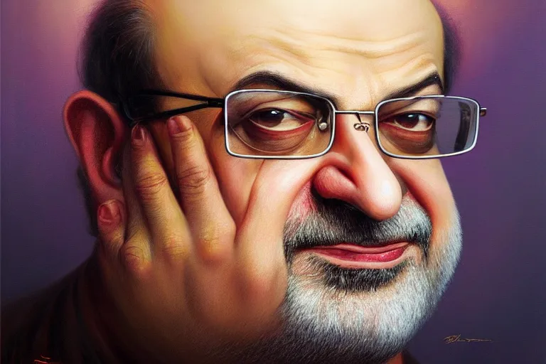 Image similar to poster portrait of salman rushdie. oil painting elegant, highly detailed, centered, digital painting, artstation, bollywood, india, concept art, smooth, sharp focus, illustration, artgerm, tomasz alen kopera, peter mohrbacher, donato giancola, joseph christian leyendecker drew struzan