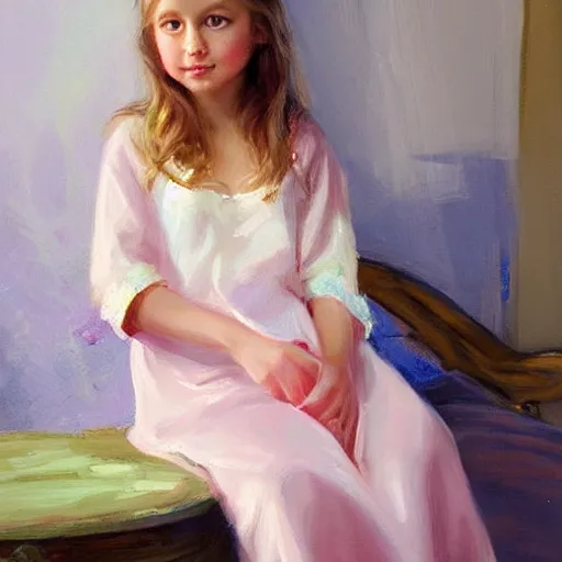 Prompt: Swedish girl in nightgown, painting by Vladimir Volegov,