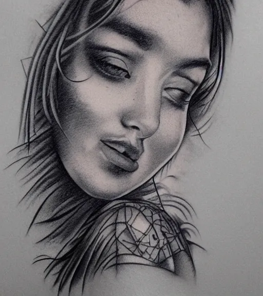 Image similar to tattoo design sketch of a beautiful girl portrait in front of a faded mountain background, in the style of den yakovlev, black and white, realism tattoo, hyper realistic, highly detailed