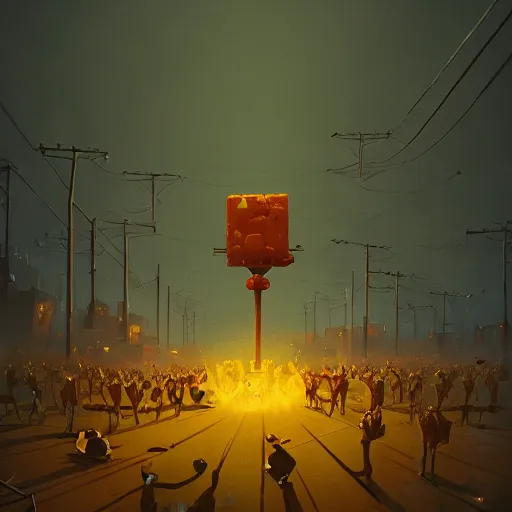 Prompt: beings made out of cheese rioting, revolution, riot, yellow flags, by cedric peyravernay, by simon stalenhag, cinematic, dramatic lighting, excellent composition, trending on artstation