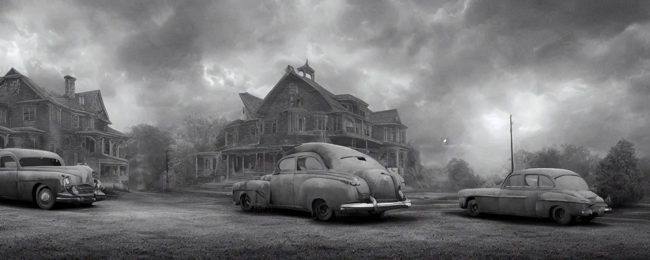 Image similar to Lovecraft Country, ultra detailed haunted house, ultra detailed storm clouds, establishing atmospheric shot, octane renderer, unreal engine, F11 aperture, night, volumetric fog, lighting and thunder, stormy weather, ultra detailed rain drops, reflections, film grain, single ultra detailed grey 1948 Packard Station Sedan parked in the street,