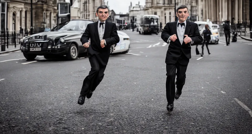 Prompt: mr bean as james bond running down the street in london, 4 0 mm f / 2. 8, cinematic, cool, anamorphic, dramatic