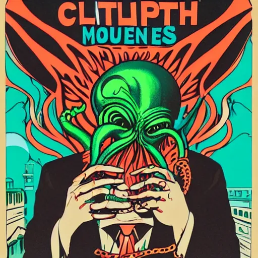 Prompt: Cthulhu as a modern day business man with a family and a drug and gambling addiction, psychedelic , 50s style infomercial , award winning , retro futuristic , Shepard fairey