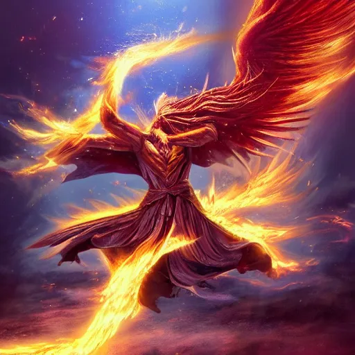 Prompt: wizard in battle throwing an exploding phoenix at his enemies