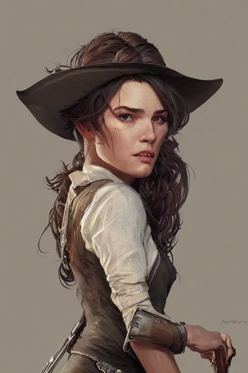 Image similar to portrait of sam eliott, western, gunslinger, duster, fantasy, intricate, elegant, highly detailed, digital painting, artstation, concept art, sharp focus, illustration, art by artgerm and greg rutkowski and alphonse mucha