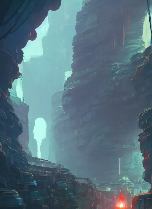 Image similar to underground tunnel in a canyon, nuclear powered, detailed, futuristic, cory loftis, james gilleard, atey ghailan, makoto shinkai, goro fujita, studio ghibli, rim light, exquisite lighting, clear focus, very coherent, plain background