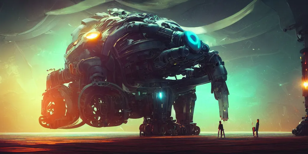 Image similar to huge mechanical creature robot in the middle, radiating a glowing aura, facing the camera, symmetrical, global illumination, ray tracing, underwater background, gloomy, hdr, fanart, artstation, by ian pesty and alena aenami, artworks, 4 k