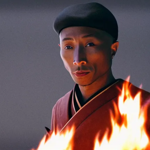 Image similar to cinematic film still Pharrell Williams starring as a Samurai holding fire, Japanese CGI, VFX, 2003, 40mm lens, shallow depth of field,film photography