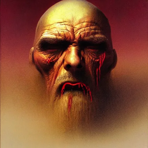 Image similar to Angry Gold Prospector portrait, dark fantasy, red and gold, artstation, painted by Zdzisław Beksiński and Wayne Barlowe