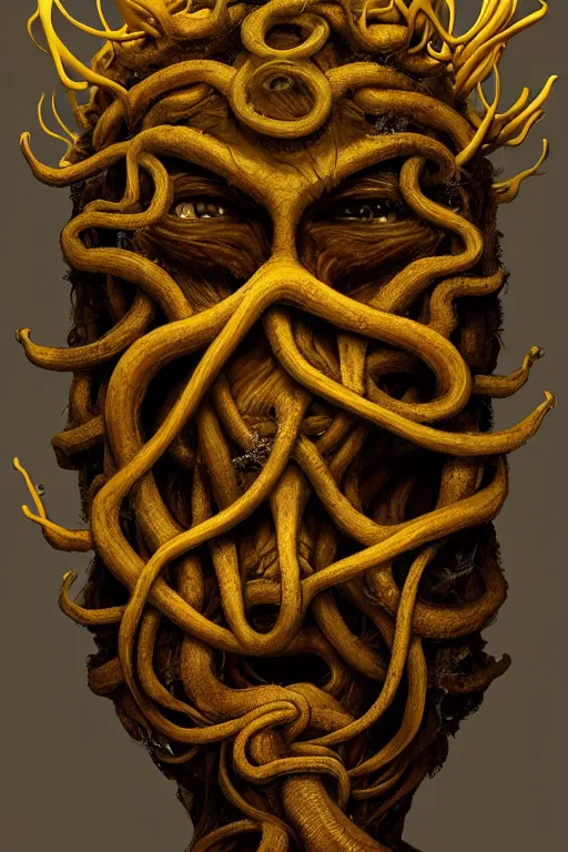 Image similar to A full body portrait of a mysterious character with no face with a very long hooded yellow cloak, a golden crown floating above his head tentacles coming out the ground art by Lee Griggs and Jason Chan, ominous, cosmic horror, trending on artstation, Ultra detailed, hyper realistic 4k