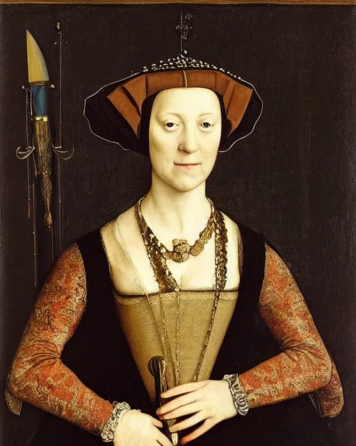 Prompt: “ a portrait of a german noblewoman holding a dagger by hans holbein ( 1 5 2 3 ), oil and tempera on oak ”