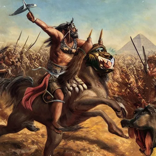 Image similar to a wild beast warrior defeating 1 0 0 0 men army in egypt