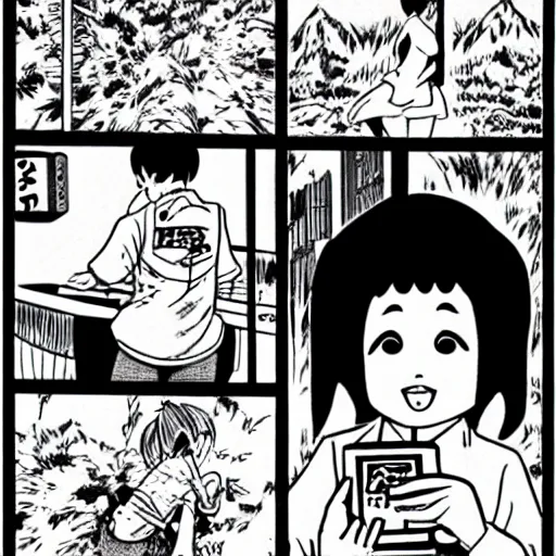 Prompt: Jollibee manga by Junji Ito, b&w