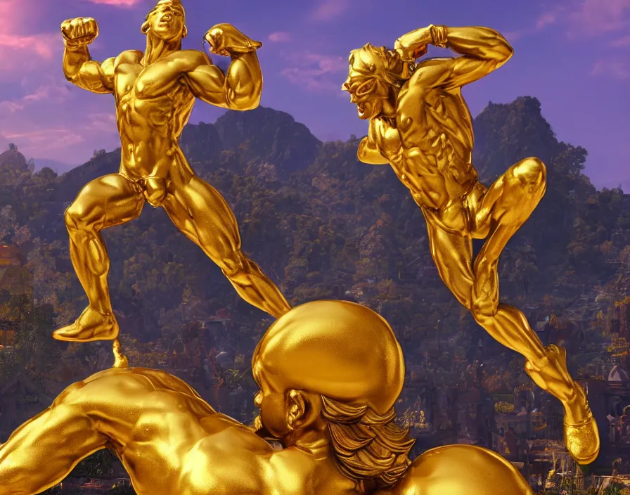 Image similar to golden statue of mario with muscle body like a giga chad, beautiful texture, beautiful graphics, fantasy artwork, very beautiful scenery, hd, hdr, ue 5, ue 6, unreal engine 5, cinematic 4 k wallpaper, 8 k, ultra detailed