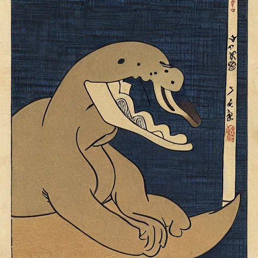 Prompt: animated platypus laughing and holding phone, Hokusai