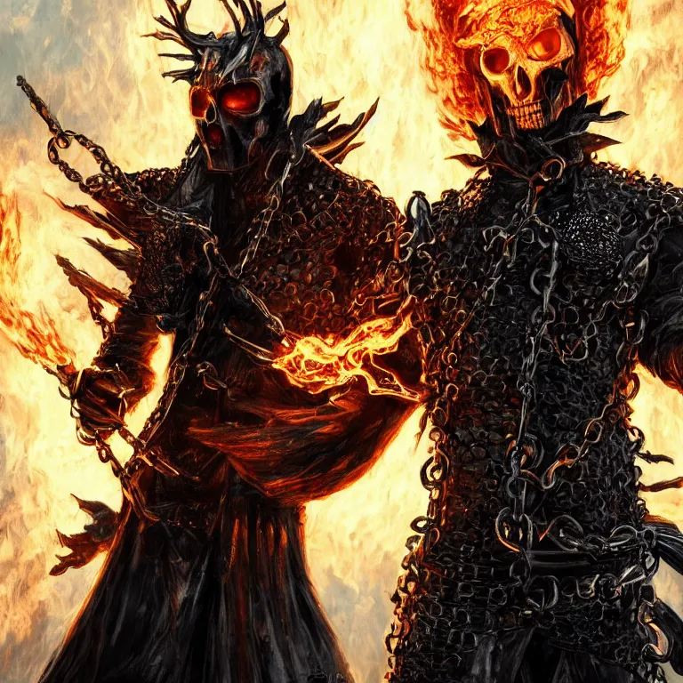 Image similar to Ghost Rider wearing a leather coat and chains, flaming grim reaper, demons of hell, the pits of hell, headshot photo, character concept, dark souls concept art, Feng Zhu concept art, dramatic lighting, highly stylized, trending on artstation, high-quality wallpaper, desktopography