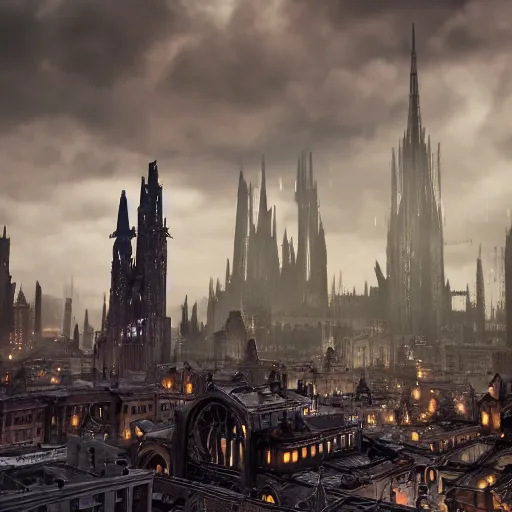 Prompt: octane render of a gothic city with an overcast sky, tall spires, steampunk, cyberpunk, high - definition, alienating, imposing, imperious, malevolent, moody, landscape, distant, vast, cityscape, skyline, neon, glowing, flying vehicles, long shot, timelapse, 4 0 k, warhammer 4 0 0 0 0, zdzisław beksinski