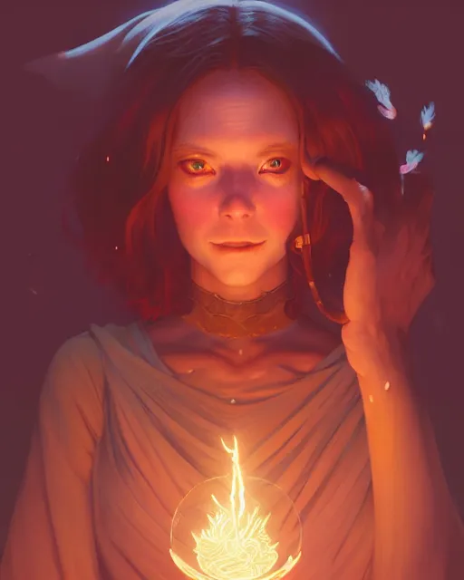 Image similar to highly detailed vfx portrait of a witch casting light magic, unreal engine, greg rutkowski, loish, rhads, beeple, makoto shinkai and lois van baarle, ilya kuvshinov, rossdraws, tom bagshaw, alphonse mucha, global illumination, detailed and intricate environment