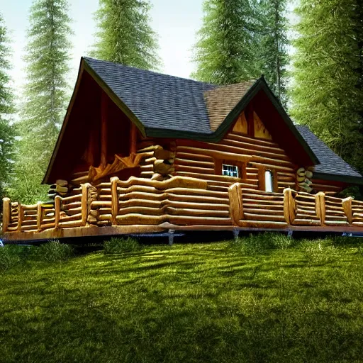 Image similar to log cabin in the forest, mountain behind log cabin, realistic