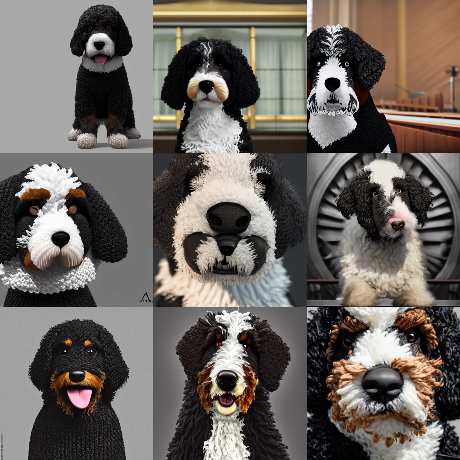 Prompt: a closeup photorealistic illustration of a smiling knitted bernedoodle judge puppy dressed in a black gown and presiding over the courthouse. scales of justice. this 4 k hd image is trending on artstation, featured on behance, well - rendered, extra crisp, features intricate detail, epic composition and the style of unreal engine.