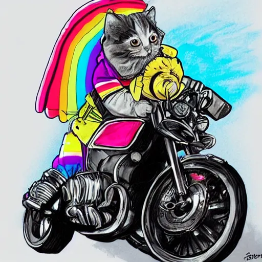 Image similar to wide angle full body, jacket wearing fluffy cute rainbow kitten wearing a black leather motorcycle jacket, concept art