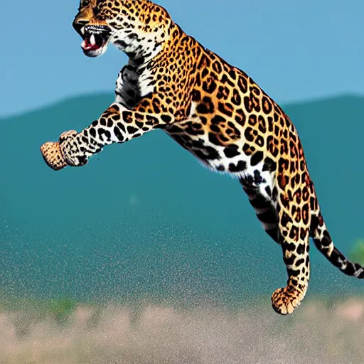 Prompt: jaguar leaping through the air at a beautiful turquoise