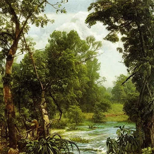 Prompt: tropical fruit trees and white milk river, mangos, painting by ivan shishkin