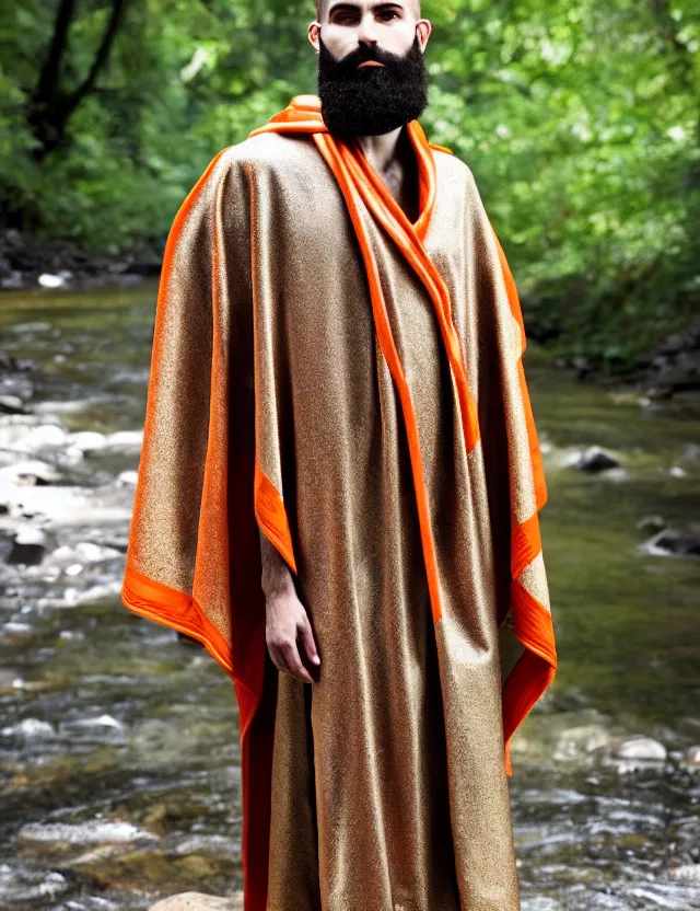 Prompt: longshot modern ancient roman toga cloak nature chiseled chin full beard shaved head walking along small creek river in the woods marc jacobs gucci cerulean orange intricate textile robes gold