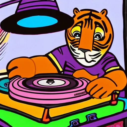 Prompt: a tiger wearing a bucket hat and a hawaii shirt playing vinyl records on DJ turntables at an outdoor bar, children\'s book drawing