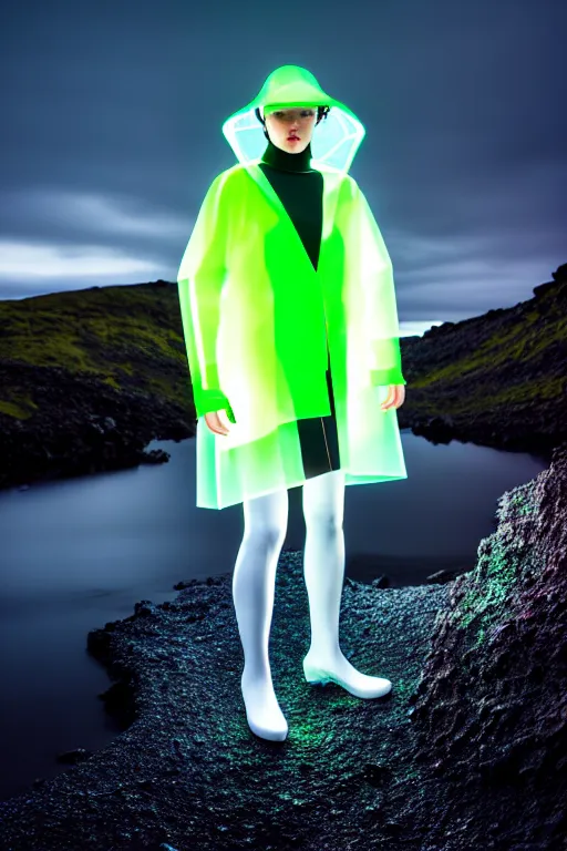 Image similar to an ultra high definition professional high fashion portrait studio full length photograph of a model wearing a transparent pearlescent raincoat and neon visor in an icelandic black rock environment at dawn. no artefacts. extremely detailed. stark. refraction. shallow depth of field. volumetric light and shadow. ray tracing. light rays.