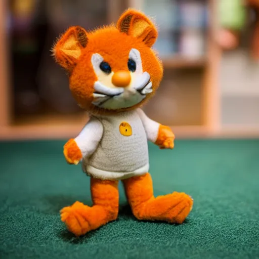 Prompt: stuffed animal Garfield kid toy macro photography tilt shift